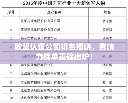 歐盟認證公司排名揭曉，影響力榜單重磅出爐！